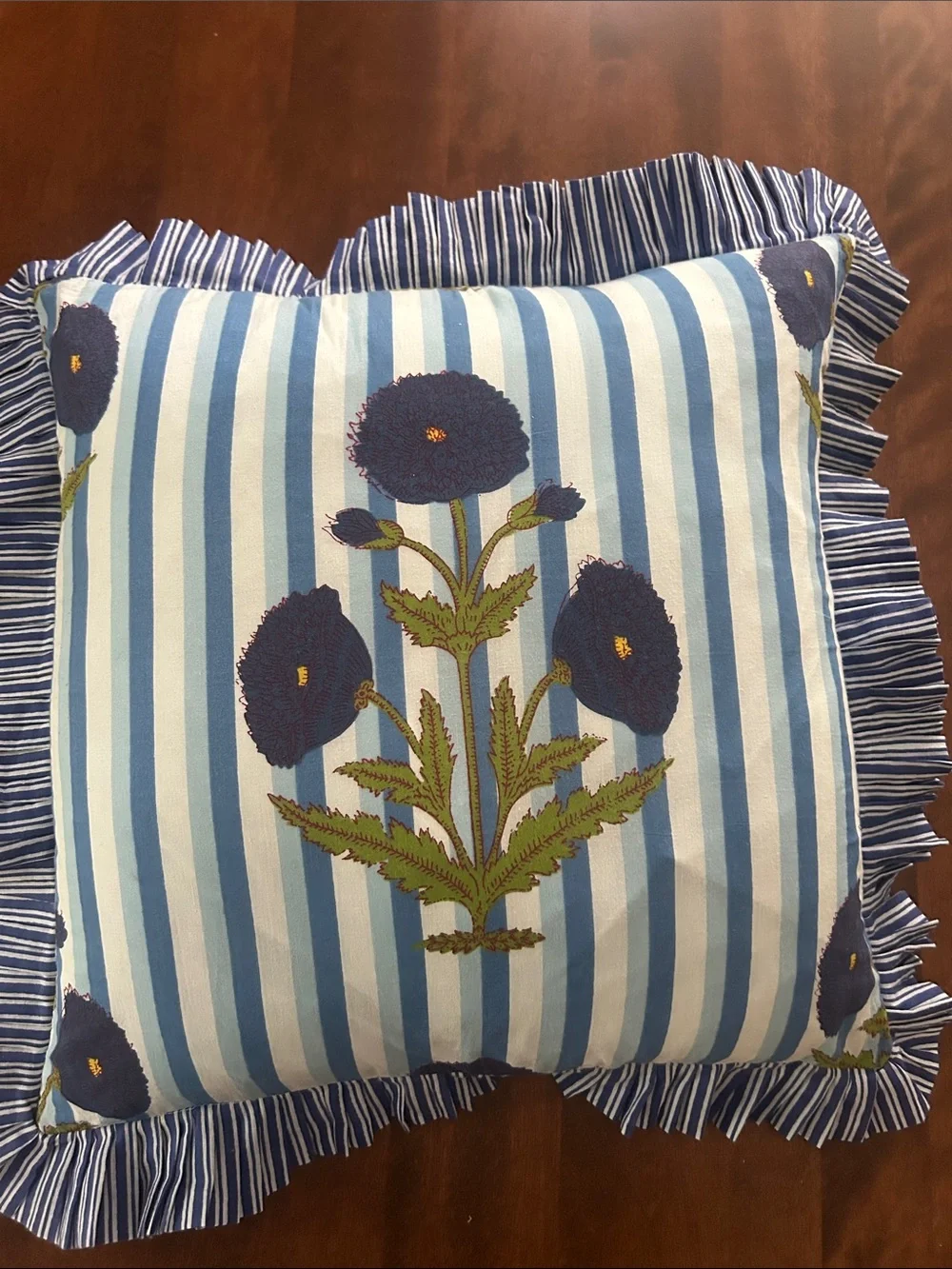 Blue Striped Floral Ruffle Throw Pillow